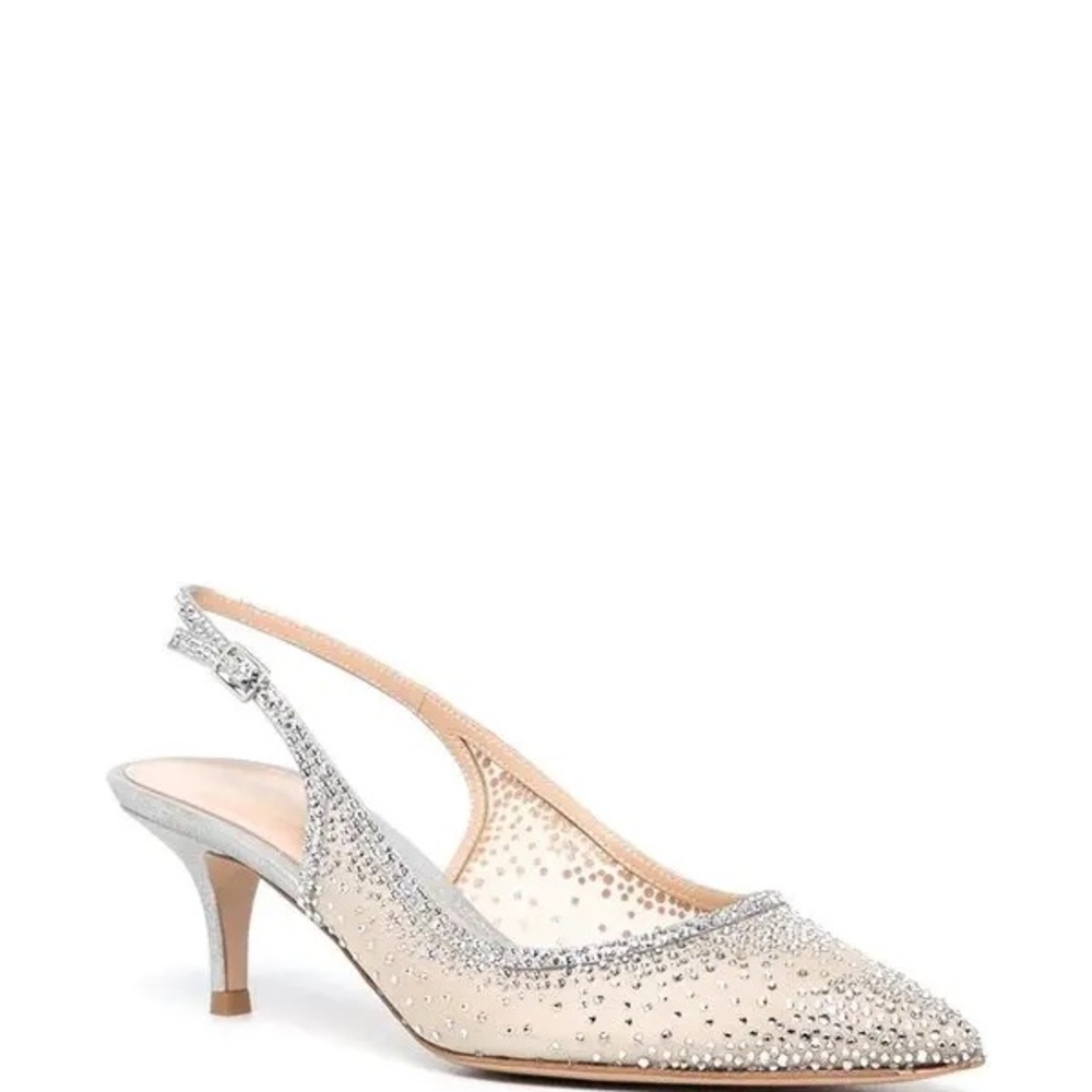 Gianvito Rossi Regina Silver Nude Diamonte Slingback Kitten Heels 55mm